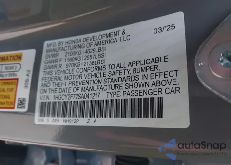 2025 Honda Accord Hybrid Sport-L from USA, damaged, VIN 1HGCY2F72SA041217